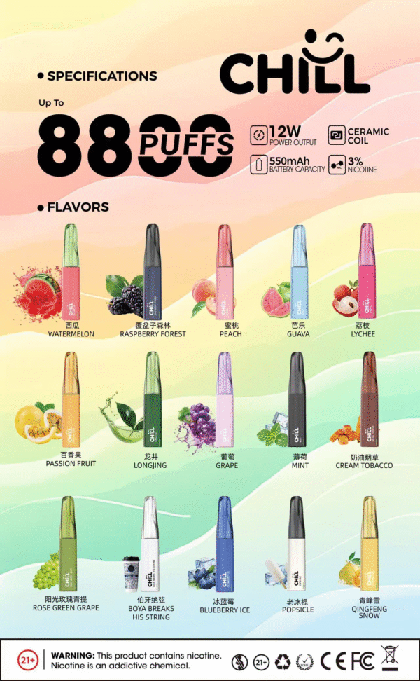 【滿10送1 請備注口味】🌟 CHILL 一次性抛棄式電子煙💨 8800口超長持久💥 | 10種口味任你選🍒🍏 | 熱門爆款🔥 立即體驗！